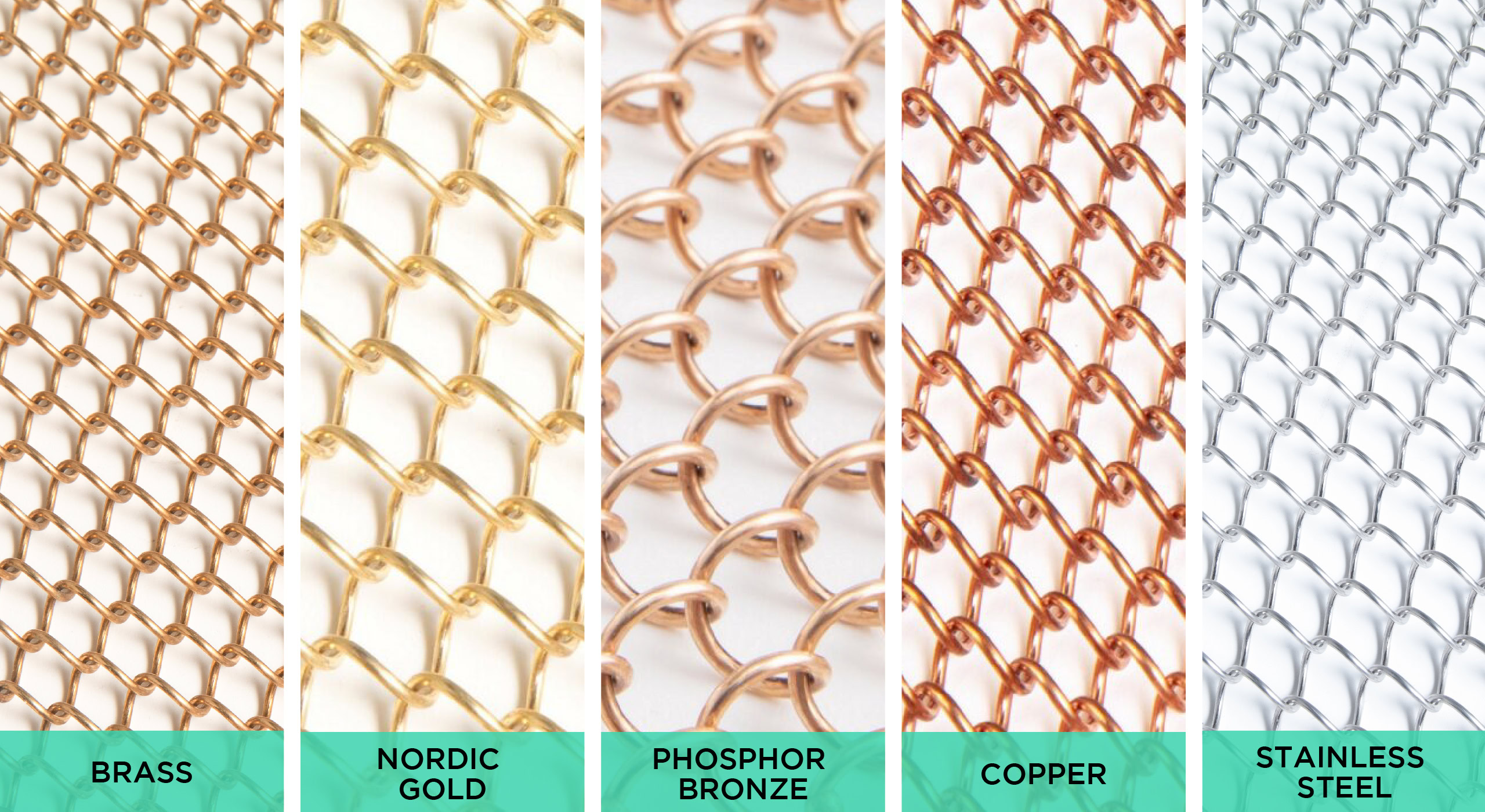 A collage of gold, copper and silver meshes