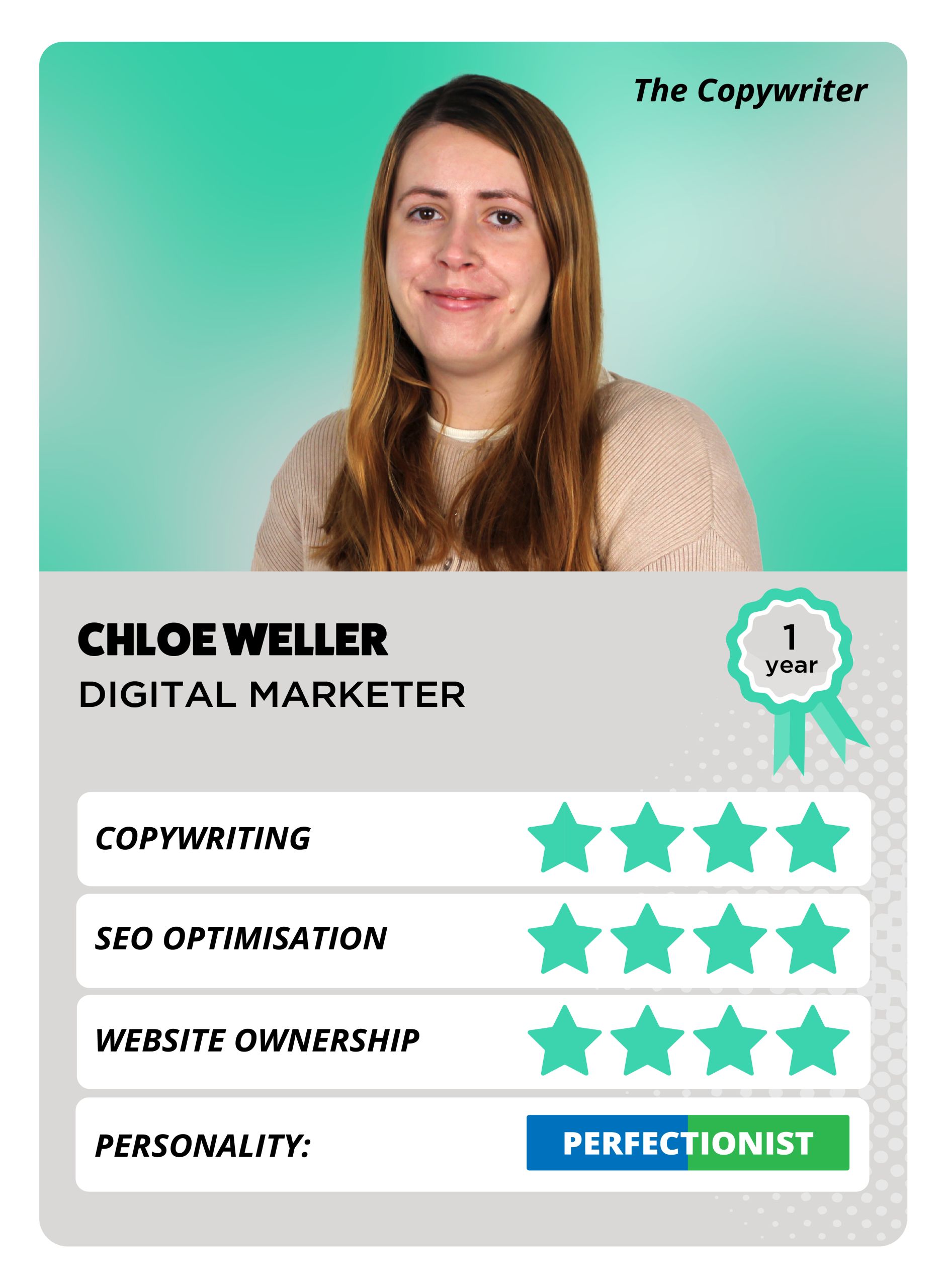 A top trump style card featuring a smiling woman with light brown hair, wearing a beige cardigan. There are green stars to show her personality attributes.