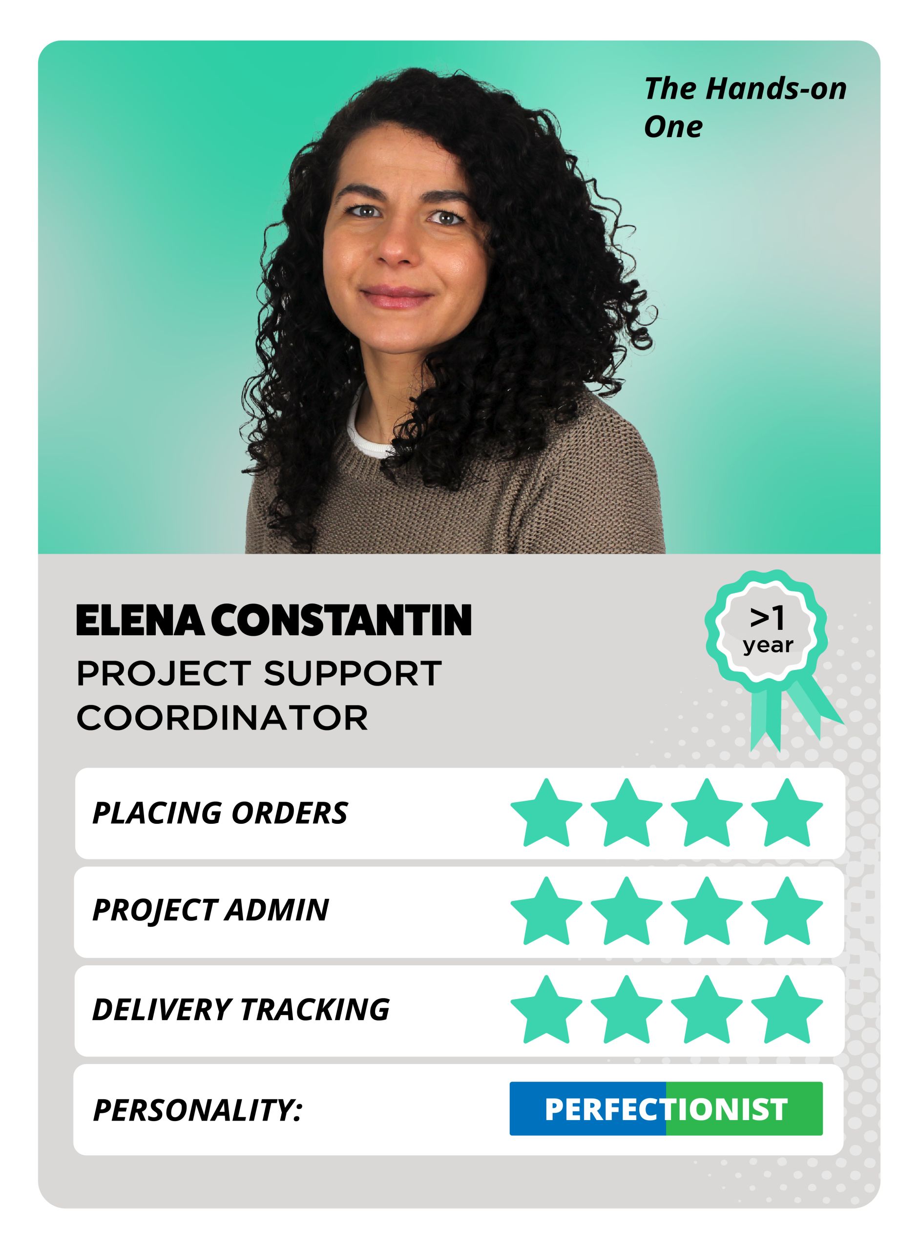 A top trump style card featuring a smiling woman with dark curly hair, wearing a grey jumper. There are green stars to show her personality attributes.
