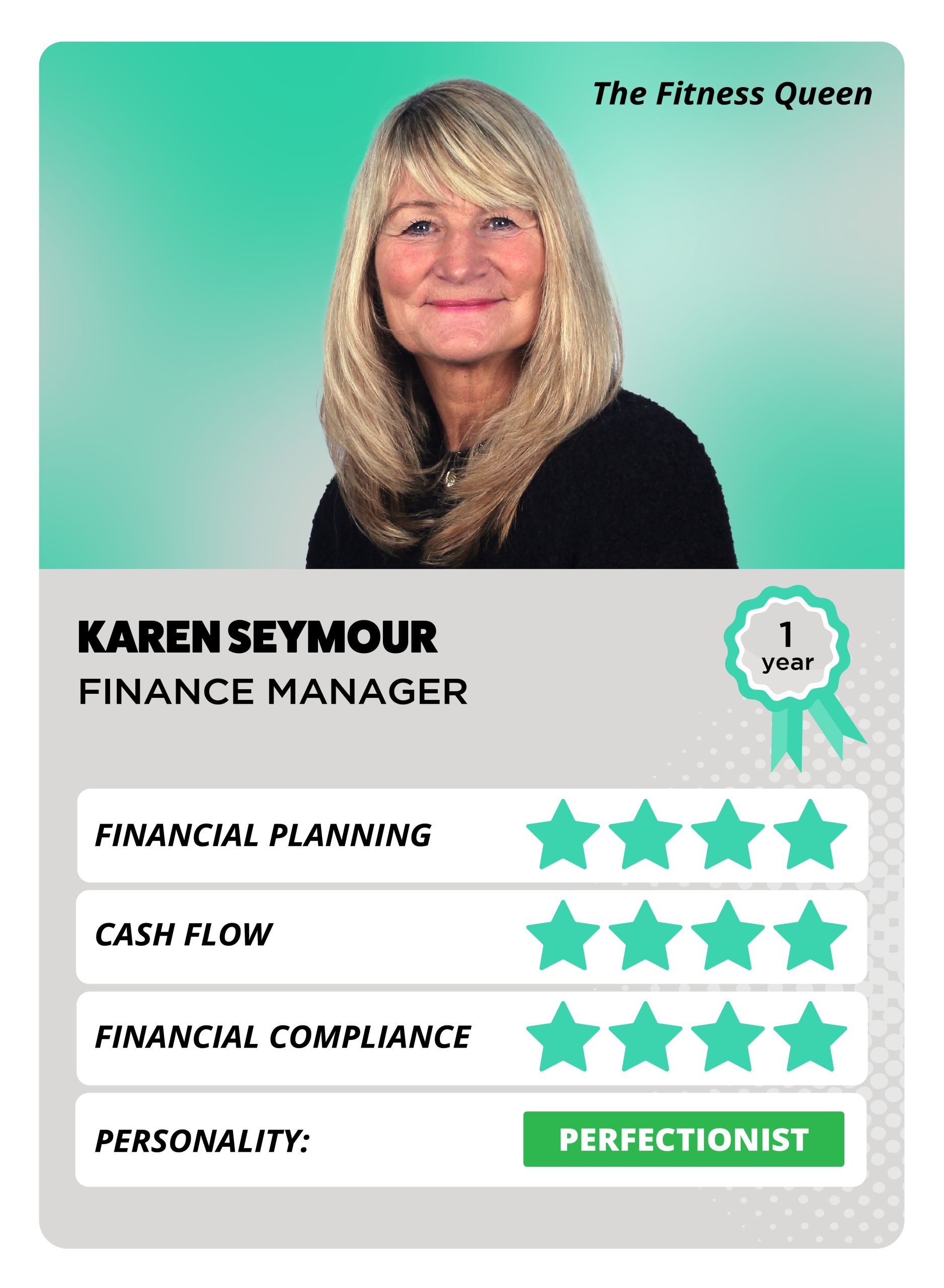 A top trump style card featuring a smiling woman with short blonde hair, wearing a black top. There are green stars to show her personality attributes.