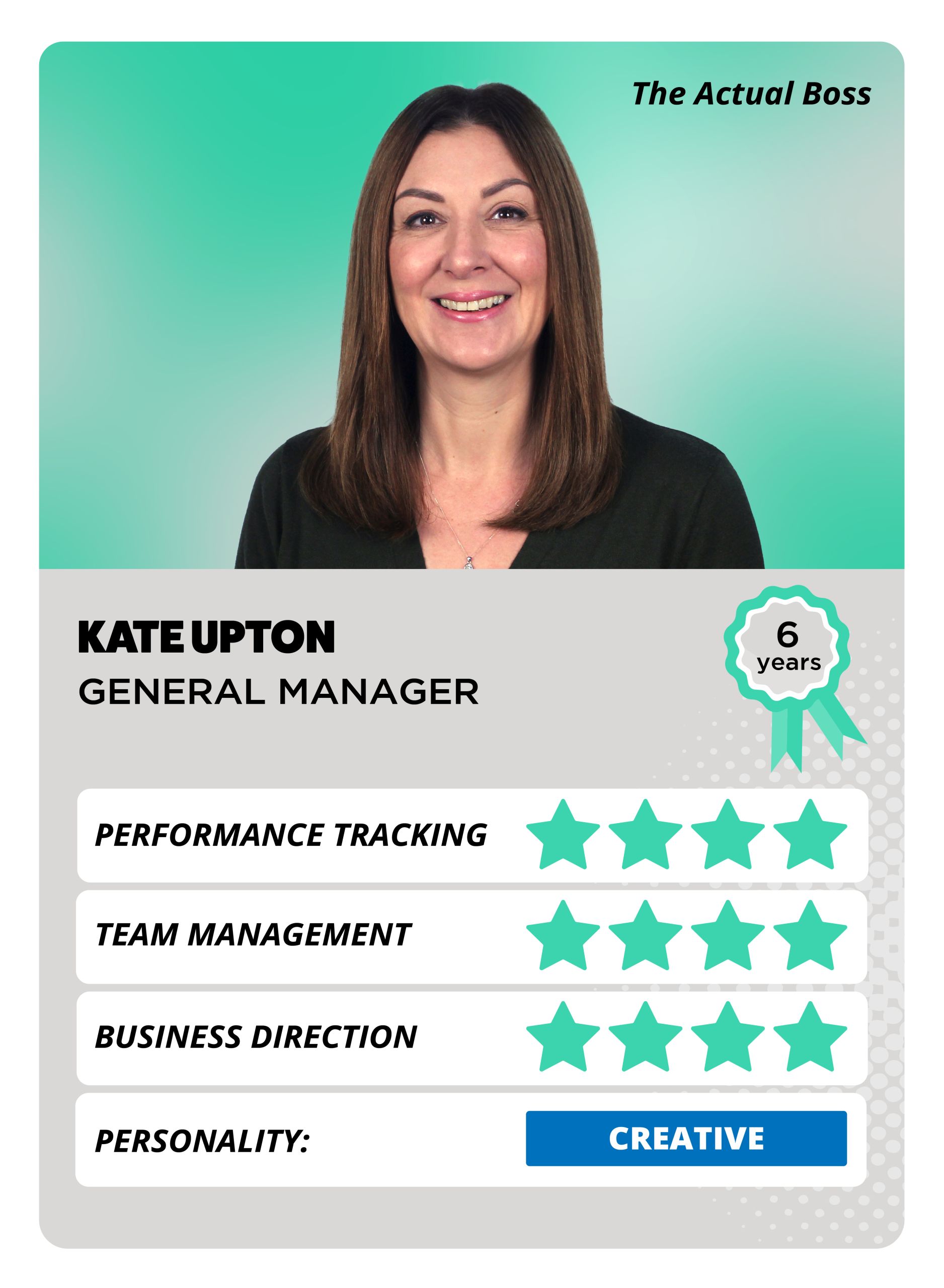A top trump style card featuring a smiling woman with brown hair, wearing a black top. There are green stars to show her personality attributes.