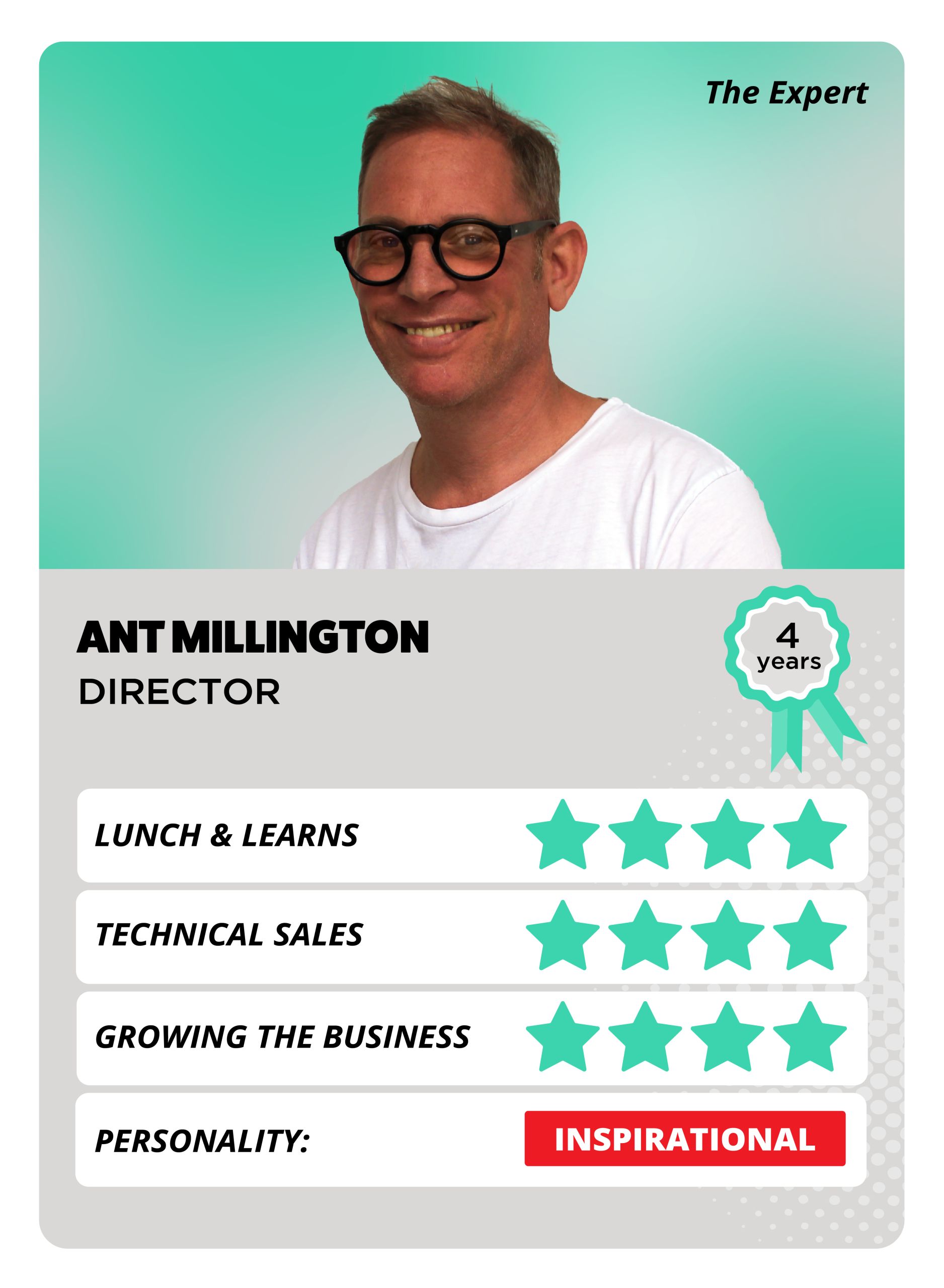 A top trump style card featuring a smiling blonde man with glasses wearing a white t-shirt. There are green stars to show his personality attributes.