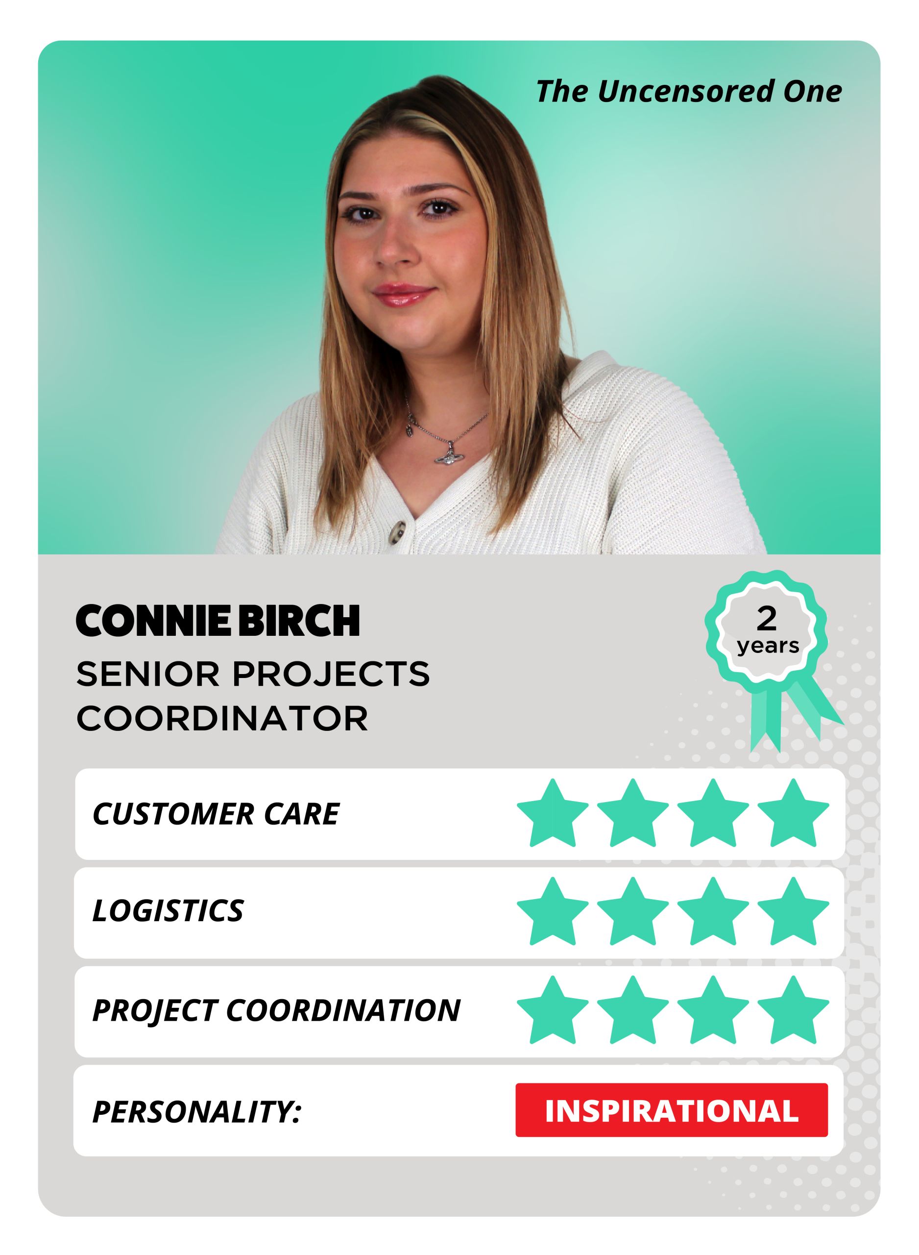 A top trump style card featuring a smiling woman with dark blonde hair, wearing a cream cardigan. There are green stars to show her personality attributes.