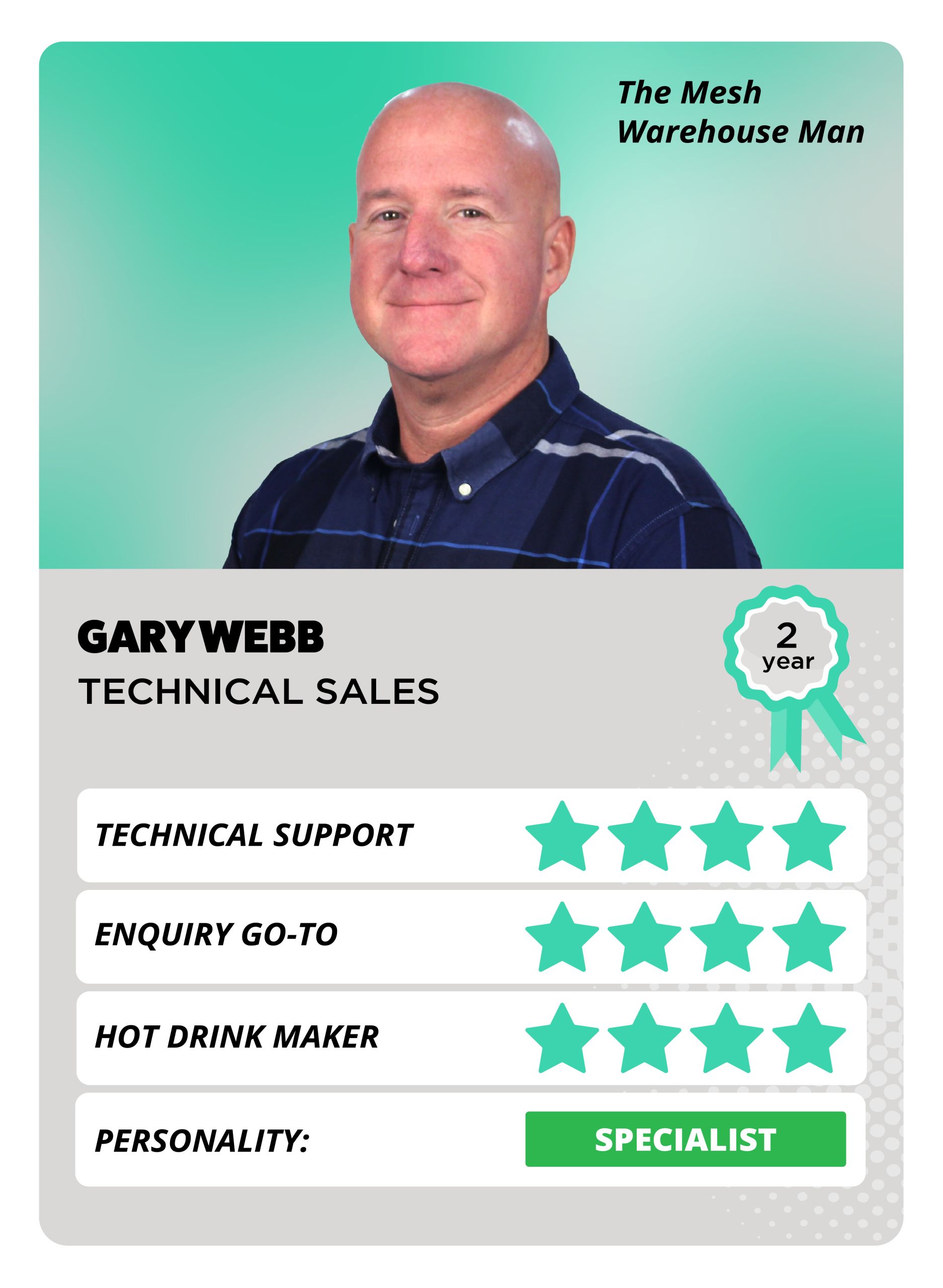 A top trump style card featuring a smiling bald man wearing a blue buttoned shirt. There are green stars to show his personality attributes.