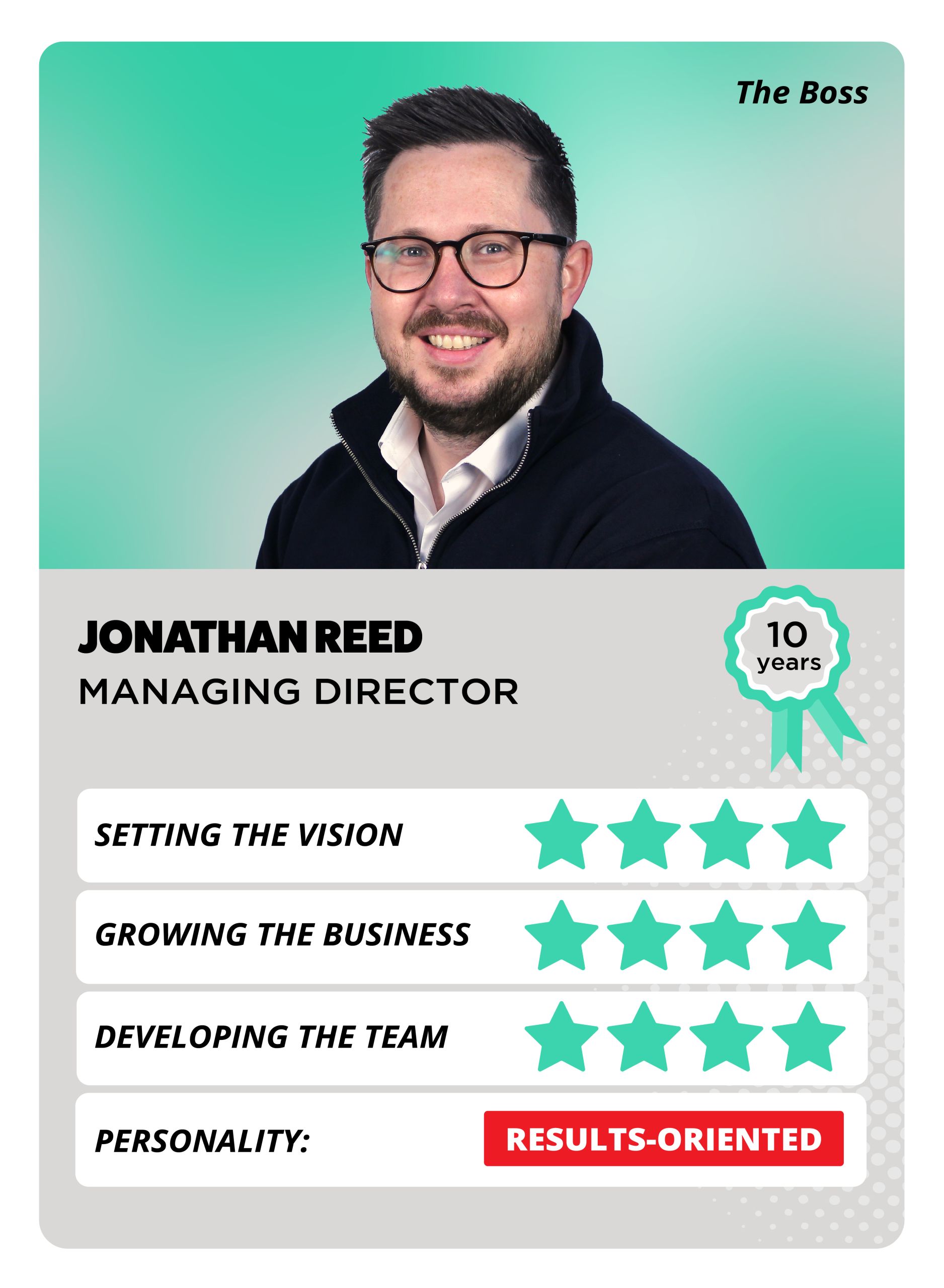 A top trump style card featuring a smiling brunette man with glasses wearing a black quarter zip jumper with a white shirt underneath. There are green stars to show his personality attributes.