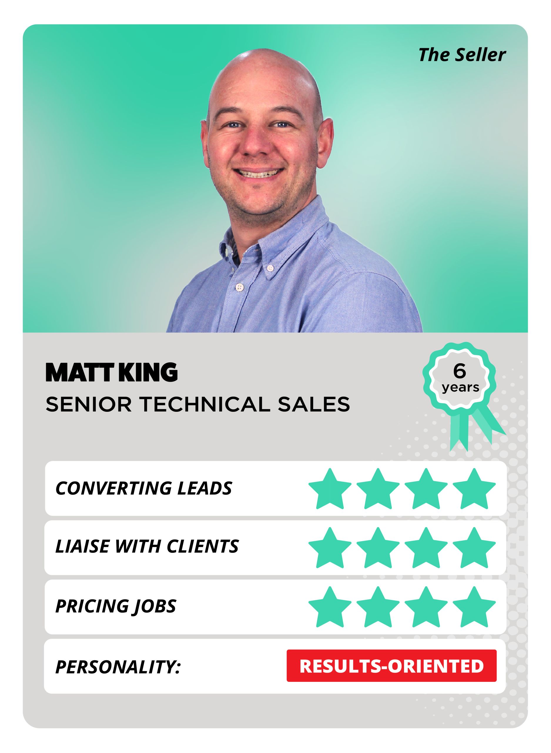 A top trump style card featuring a smiling bald man wearing a blue buttoned shirt. There are green stars to show his personality attributes.