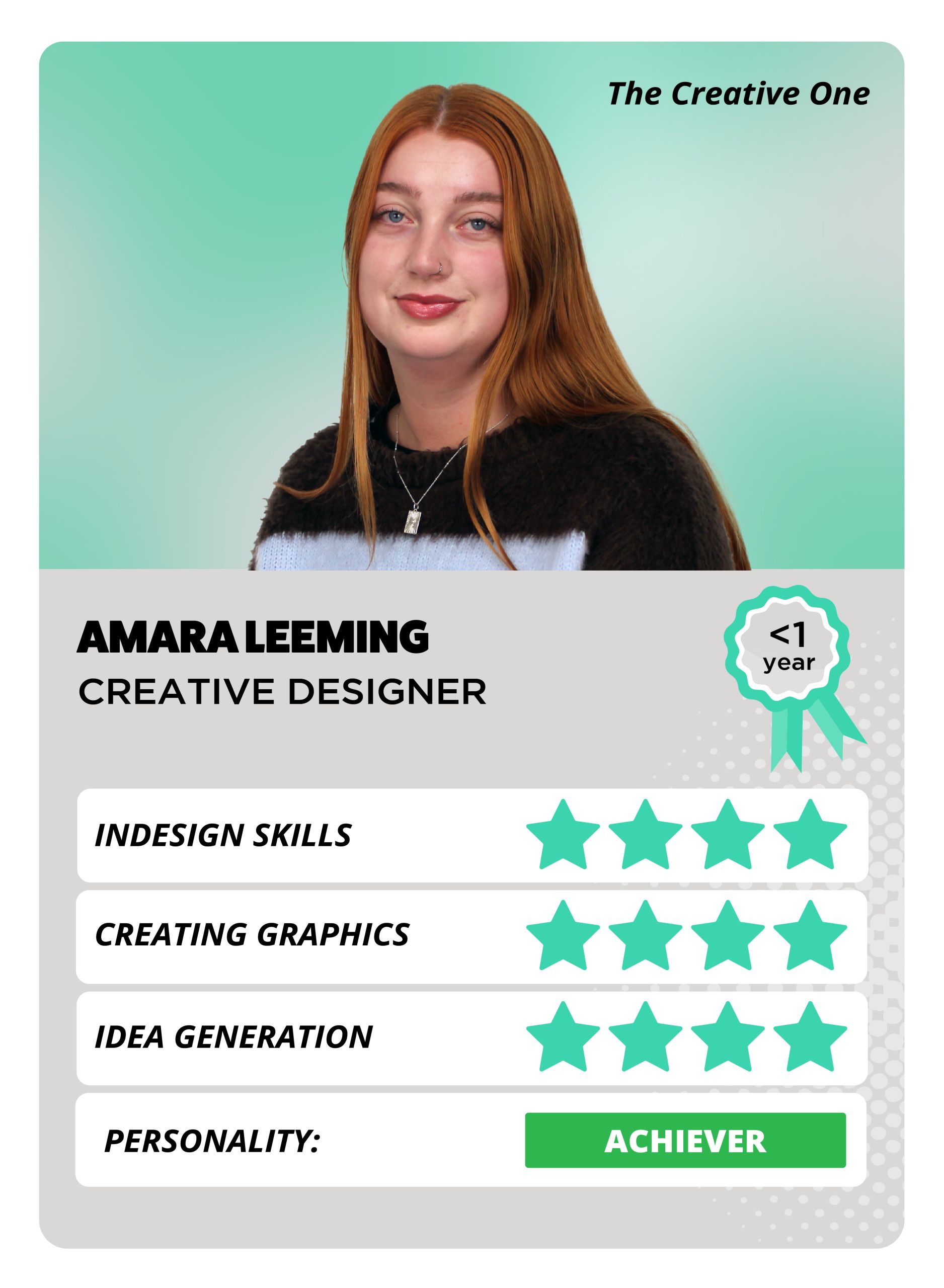 A top trump style card featuring a smiling woman with auburn hair, wearing a black and blue jumper. There are green stars to show her personality attributes.