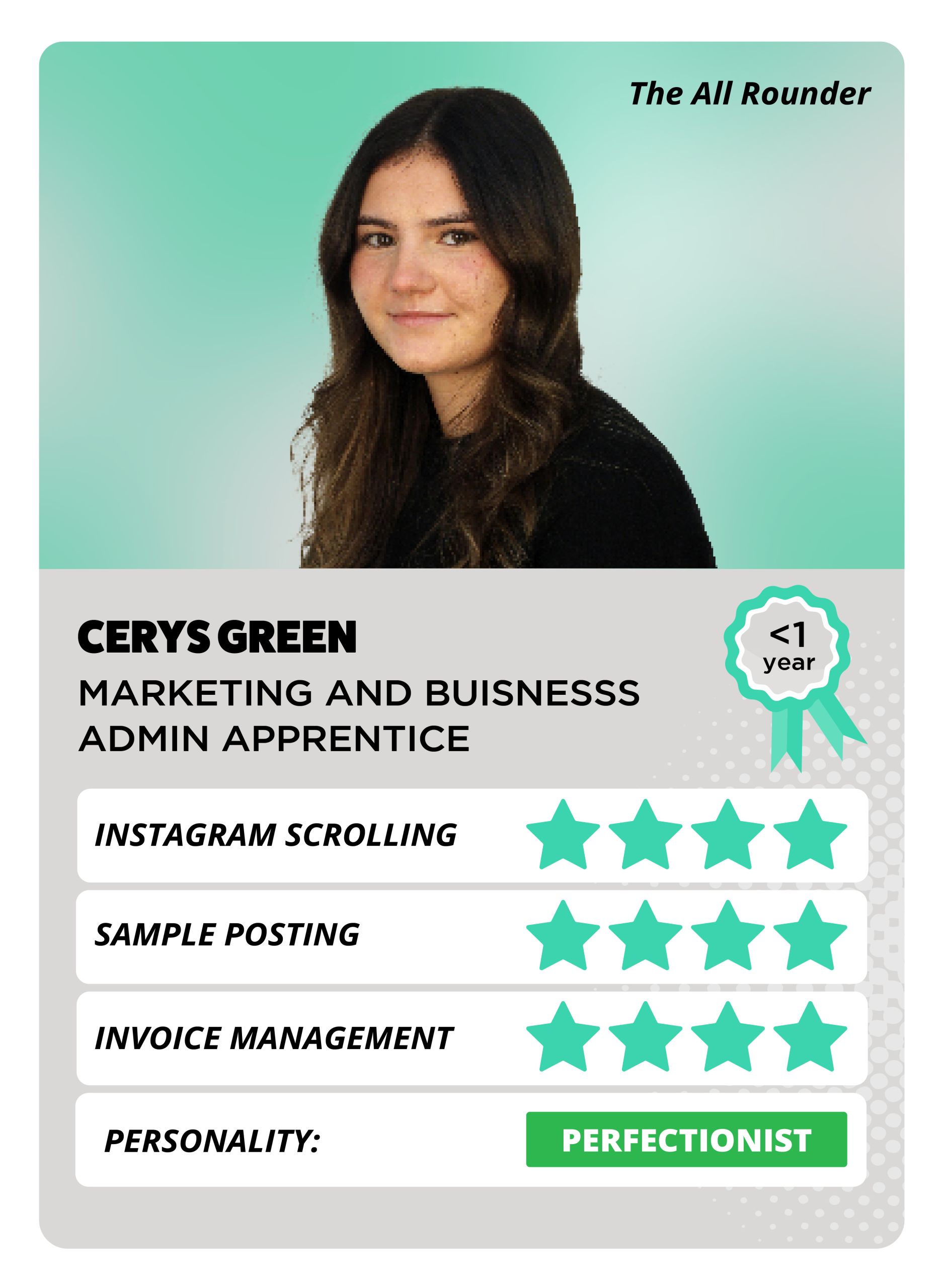 A top trump style card featuring a smiling woman with brown hair, wearing a black jumper. There are green stars to show her personality attributes.